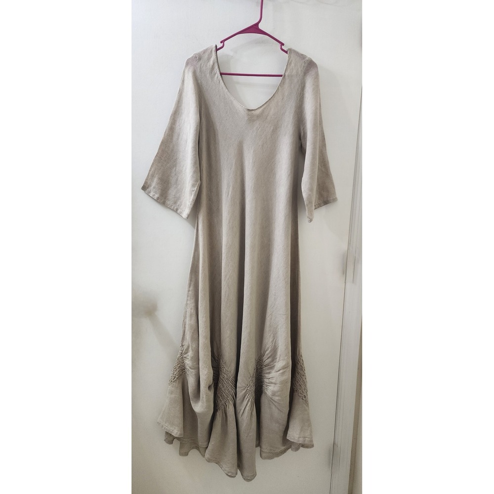 La Bottega di Brunella Linen Maxi Dress Beige Smocked Hem‎ Made in Italy Womens